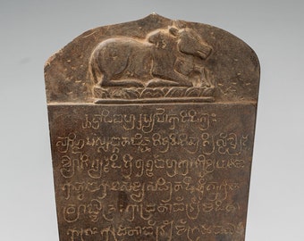 Antique Khmer Style Stone Sanskrit Stele with Nandi - 57cm / 23"