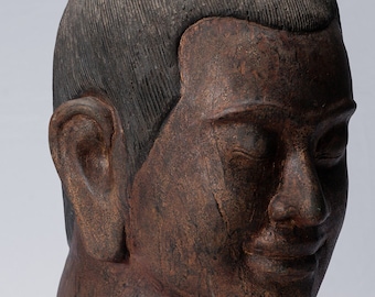 Jayavarman Statue - Antique Khmer Style Wood Jayavarman VII Head Statue - 42cm/17"