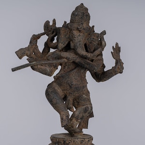 Ganesha Statue - Antique Javanese Style Bronze Dancing Indonesian Ganesha Statue Playing Flute - 29cm/12&quot;