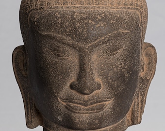 骨董　アンティーク　クメール　仏頭　ブッダ　Buddha head 仏像　石仏 仏像 - アンティーク クメール スタイル 石に取り付けられたバイヨン仏