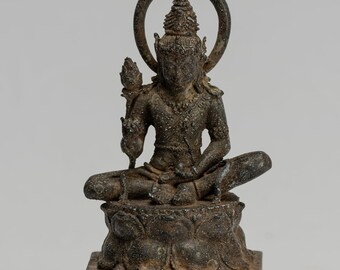 Tara Statue - Antique Java Style Majapahit Seated Bronze Devi Tara Statue - 19cm/8"