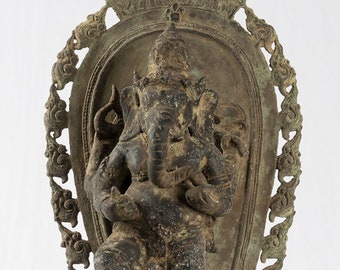 Ganesha Statue - Antique Javanese Style Bronze Dancing Indonesian Ganesha Statue - 42cm/17&quot;
