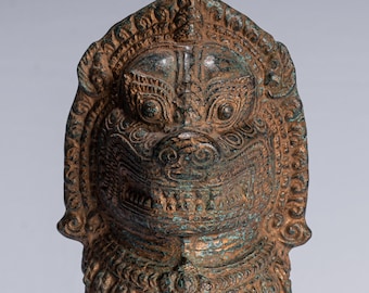 León del Templo - Guardián o León del Templo Montado en Bronce de Estilo Jemer Antiguo - 28 cm/11"