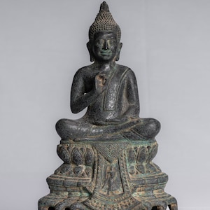 Buddha Statue - Buddha - Antique Khmer Style Enthroned Bronze Buddha Statue Teaching Mudra - 31cm/12&quot;