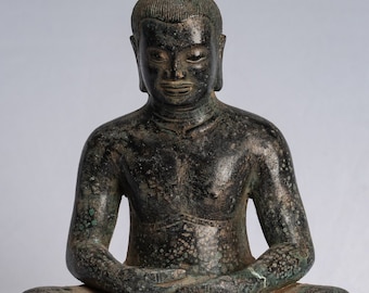 Antique Khmer Style Seated Bronze Meditation Jayavarman VII Statue - 18cm/7"