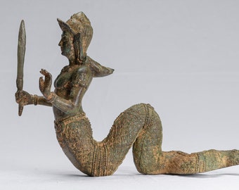 Antique Thai Style Bronze Female Deity with Naga Tail Statue - 22cm/9&quot;