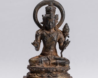 Tara Statue - Antique Java Style Majapahit Indonesian Seated Bronze Devi Tara Statue - 17cm/7"