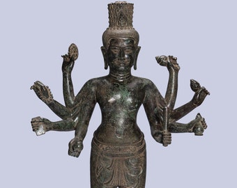 Antique Khmer Style Standing Bronze Bayon Style Lokeshvara Statue - 122cm/49"