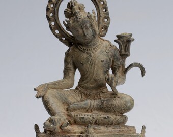 Tara Statue - Antique Java Style Majapahit Seated Bronze Devi Tara Statue - 18cm/7"