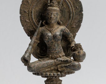 Tara Statue - Antique Java Style Majapahit Seated Bronze Devi Tara Statue - 24cm/10"