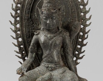 Tara Statue - Antique Java Style Majapahit Seated Bronze Devi Tara Statue - 32cm/13"