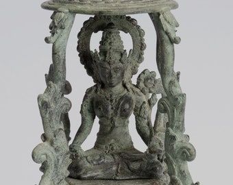 Tara Statue - Antique Java Style Majapahit Seated Bronze Devi Tara Statue - 22cm/9"
