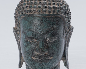 Buddha Statue - Antique Khmer style Freestanding Bronze Buddha Head Statue - 14cm/6&quot;
