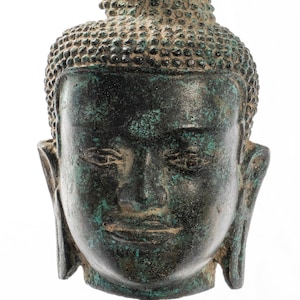 Buddha Statue - Antique Thai Style Mounted Dvaravati Bronze Buddha Head Statue - 19cm/8&quot;