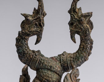 Estatua protectora de Naga, serpiente o serpiente de dos cabezas de bronce estilo tailandés antiguo - 30cm/12&quot;