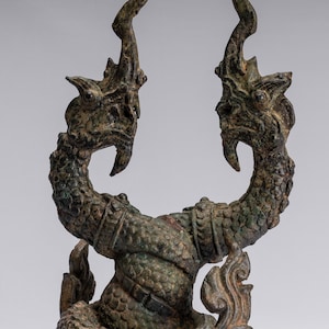 Antique Thai Style Bronze Two Head Protective Naga, Snake or Serpent Statue - 30cm/12&quot;