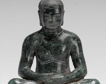 Antique Khmer Style Seated Bronze Meditation Jayavarman VII Statue - 18cm/7"