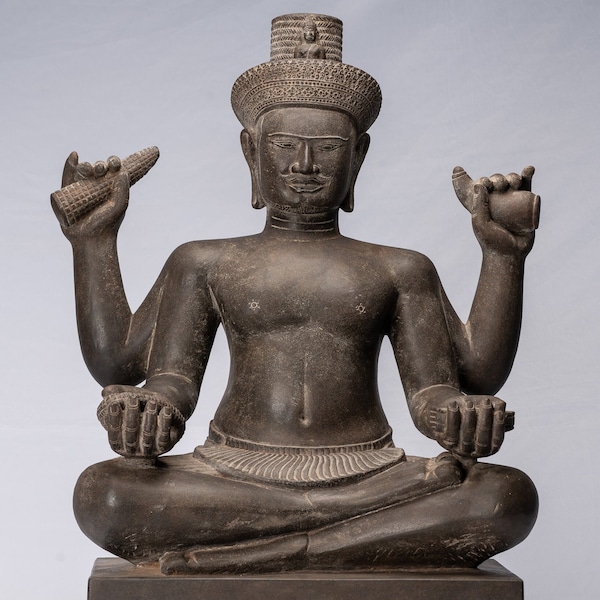Antique Khmer Style Stone Koh Ker Seated Bodhisattva Avalokitesvara Statue - 62cm/25"