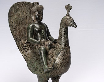 Murugan Statue - Antique Khmer Style Bronze Murugan on His Peacock - 53cm/21"