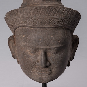 Vishnu Statue - Antique Preah-Ko Style Sandstone Vishnu Head - Protector & Preserver - 52cm/21&quot;