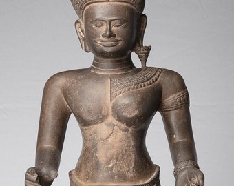 Ardhanarishvara Statue - Antique Angkor Wat Style Khmer Sandstone Standing Shiva Parvati Statue - 117cm/47"