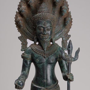 Naga Statue - Antique Khmer Style Bronze Protective &#39;Kaundinya I&#39; Consort of Queen Soma - Naga, Snake or Serpent Statue - 77cm/31&quot;