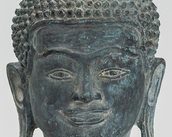 仏像 - アンティーク クメール スタイル ブロンズ 蓮の花 仏頭 - 22 cm
