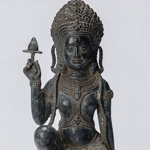 Apsara Statue - Antique Khmer Style Angkor Wat Bronze Kneeling Apsara or Angel - 35cm/14&quot;