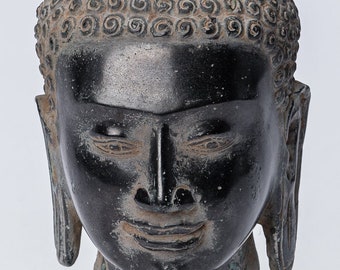 Estatua de Buda - Estatua de cabeza de Buda Bayon de bronce montada de estilo jemer antiguo - 21 cm/8&quot;
