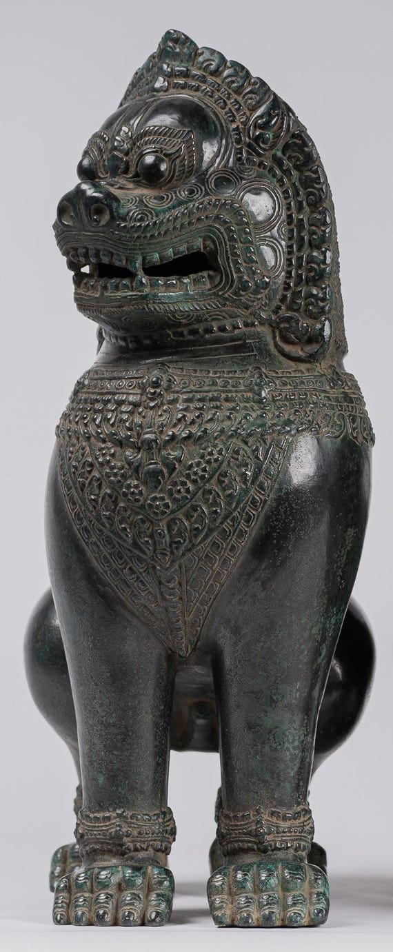 Temple Lions - Antique Khmer Style Bronze Standing Temple