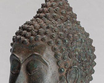 仏頭 - アンティークタイスタイル スコータイブロンズ仏頭 - 29 cm/12