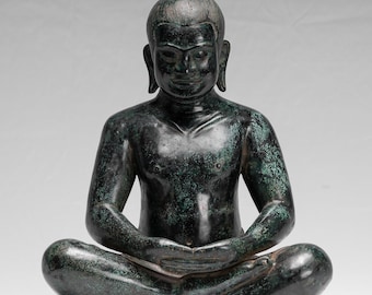 Antique Khmer Style Seated Bronze Meditation Jayavarman VII Statue - 38cm/15"