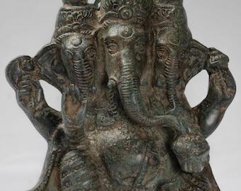 アンティーク タイ風ブロンズ Tri Muhkthi Ganapathi 三頭ガネーシャ像