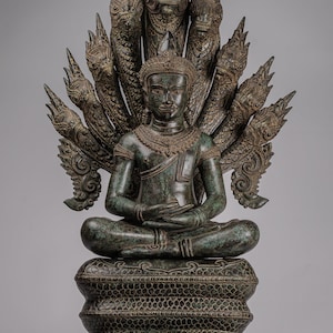 Buddha Statue - Antique Bayon Style Khmer Seated Bronze Naga Meditation Buddha - 114cm/46&quot;