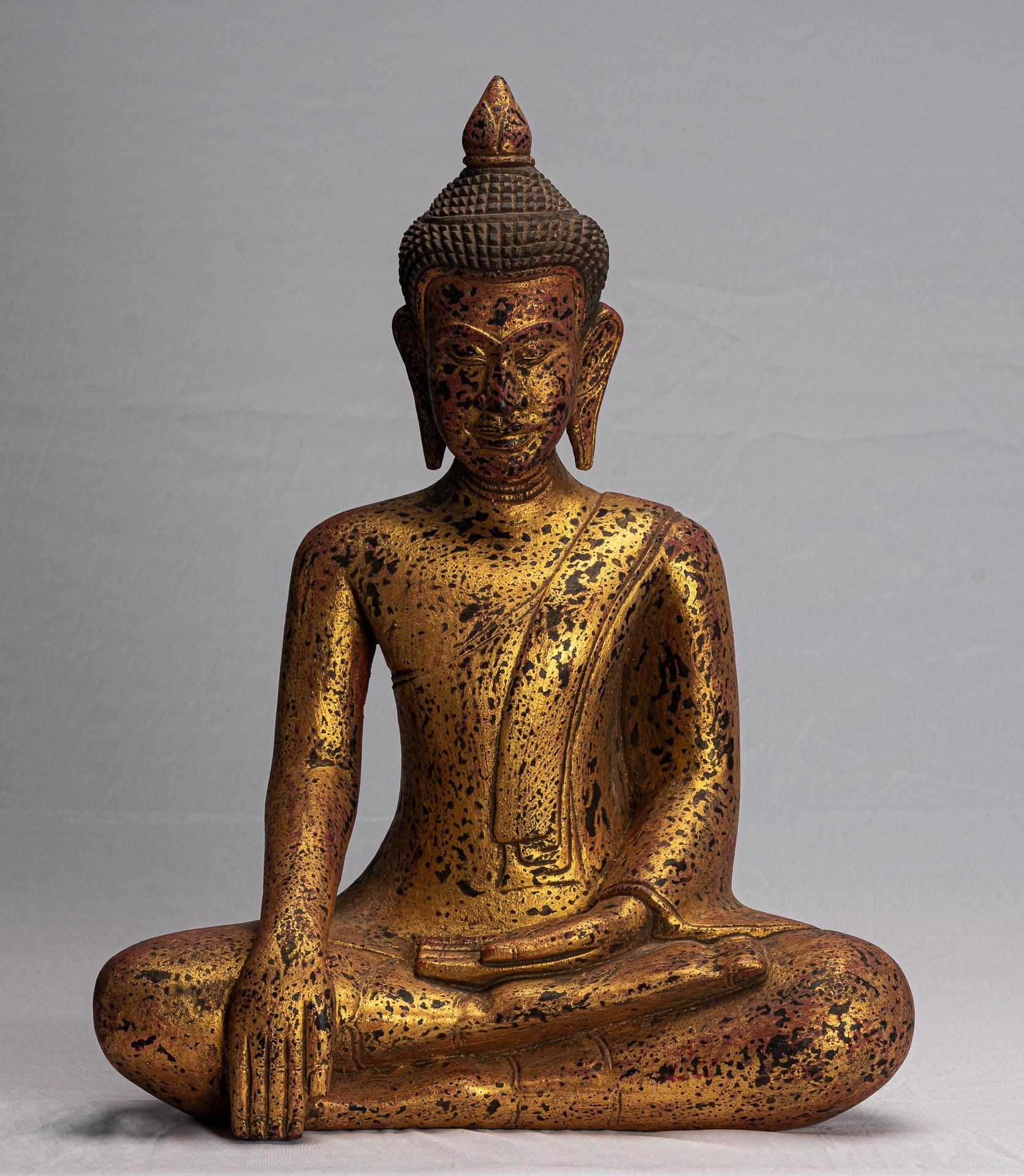 Buddha Statue - Antique Khmer Style SE Asia Seated Wood Enlightenment Buddha Statue - 50cm/20"