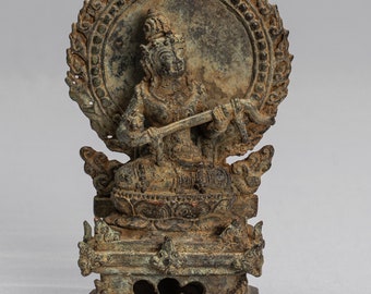 Tara Statue - Antique Java Style Majapahit Seated Bronze Devi Tara Statue - 14cm/6"