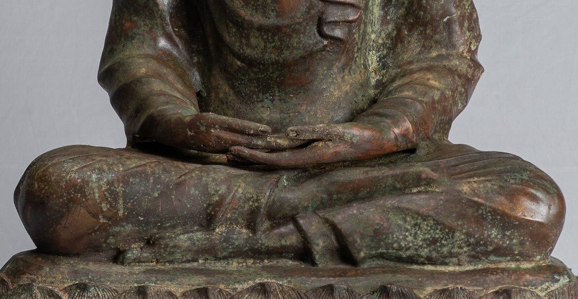 インドの仏像 - アンティーク ガンダーラ スタイル ブロンズ 瞑想仏像