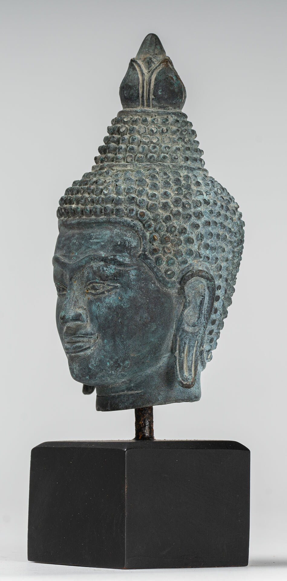 仏像 - アンティーク クメール スタイル ブロンズ 蓮の花 仏頭 - 22 cm