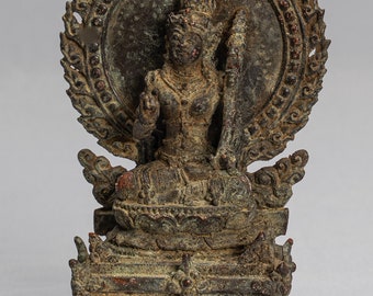 Tara Statue - Antique Java Style Majapahit Seated Bronze Devi Tara Statue - 14cm/6"