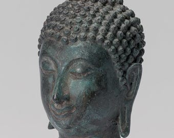 仏頭 - アンティークタイスタイル スコータイブロンズ仏頭 - 22 cm/9