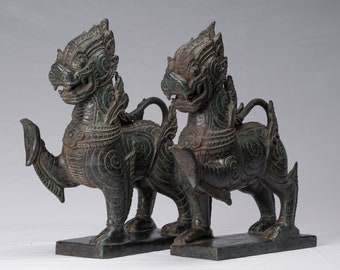 Antique Burmese Style Bronze Standing Chinthe Guardian Temple Lions - 37cm/15&quot;