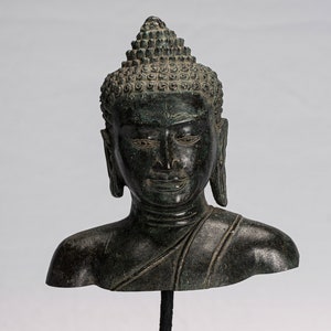 Buddha Statue - Antique Thai Style Mounted Dvaravati Bronze Buddha Head Statue - 31cm/12&quot;