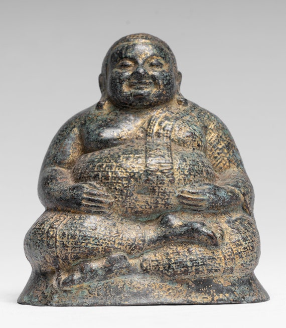 骨董　アンティーク　クメール　仏頭　ブッダ　Buddha head 仏像　石仏 仏像 - アンティーク クメール スタイル ブロンズ 幸せで太った笑って
