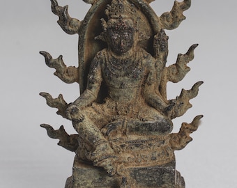 Tara Statue - Antique Java Style Majapahit Seated Bronze Devi Tara Statue - 13cm/5"