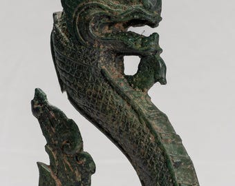 【大型】ナーガ守護神像 木彫 高さ約64cm 東南アジア神像 精密彫刻 一点物 ナーガ像 - アンティークタイ風ブロンズ製守護ナーガ、蛇または大蛇の