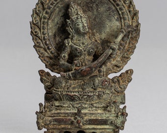 Tara Statue - Antique Java Style Majapahit Seated Bronze Devi Tara Statue - 14cm/6"