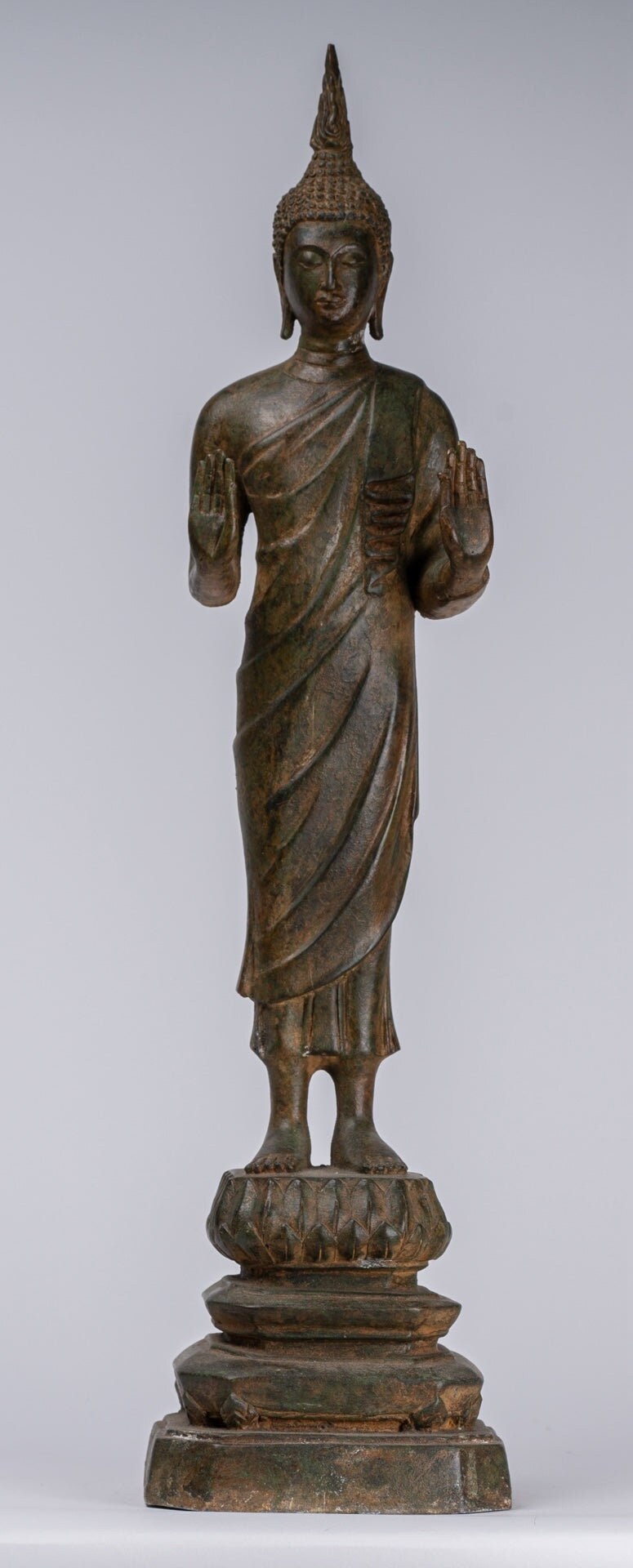 Buddha Statue - Antique Thai Style Bronze Standing Abhaya Protection Buddha Statue - 63cm/25"