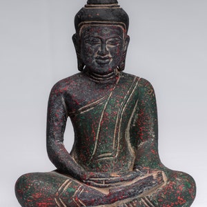 Buddha Sculpture - Antique Khmer Style Wood Seated Buddha Statue Dhyana Meditation Mudra - 20cm/8&quot;