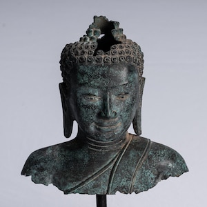 Buddha Statue - Antique Thai Style Mounted Dvaravati Bronze Buddha Head Statue - 28cm/11&quot;