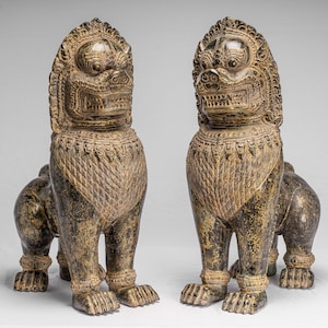 Antique Khmer Style Bronze Temple Guardians or Lions (Pair) - 72cm/29&quot;